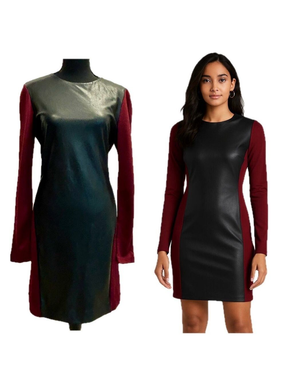 Aritzia Wilfred colorblock dress burgundy jersey black faux leather bodycon L